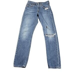 Levi's 501 Skinny‎ Jeans Womens 24x30 Blue Med Wash Mid Rise Distressed Denim